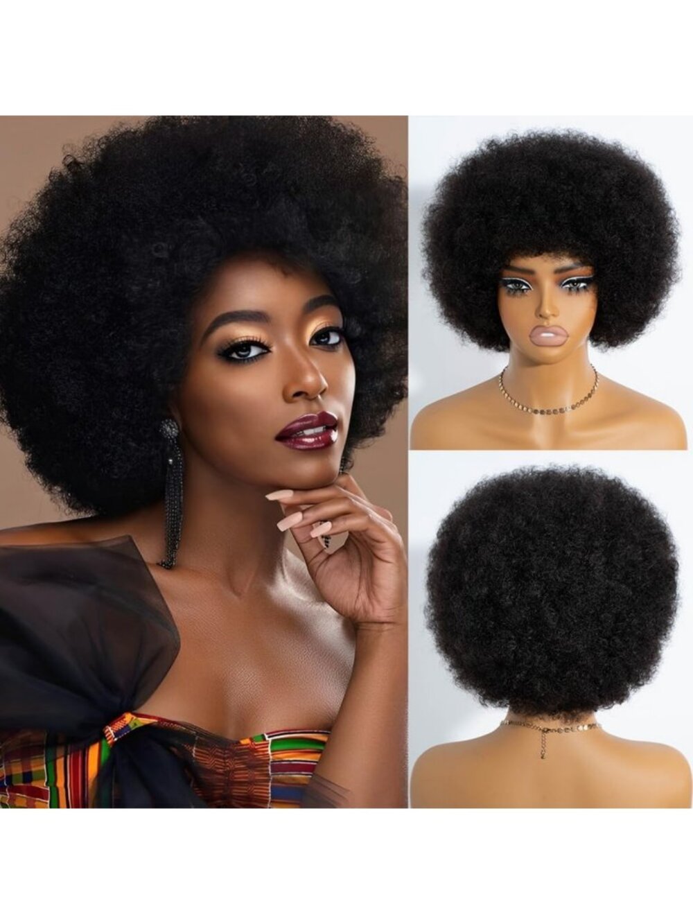 Short Afro Wig for Black Women | Kinky Curly Glueless Wig with Bangs | Daily